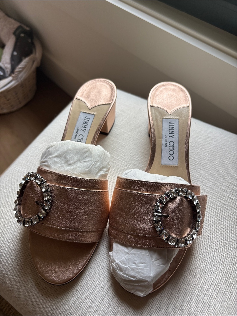 Jimmy Choo Rose Gold Crystal-Buckle Block Heel Mules